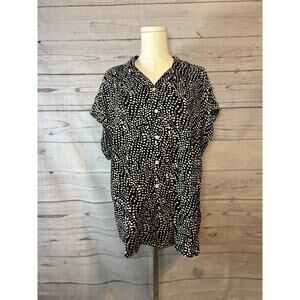 NWT Alex & Jordan Abstract Dot Print Button Blouse 1X Black Cream Rayon